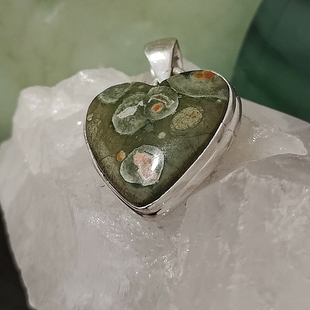 Natural Rhyolite Rainforest Jasper Heart pendant .925